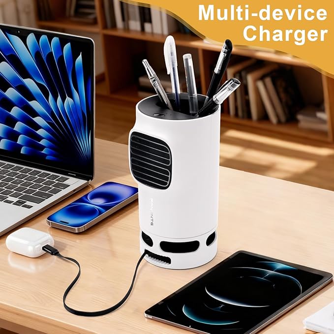 Pen Holder with Desktop Fan Charger Desk Organizer for Desk 15W Fast Wireless Charger with Pen Holder for Home Office Supplies Compatible with iPhone and Samsung