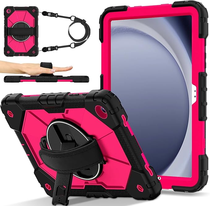 Case for Samsung Galaxy Tab A9 Plus(X210/X216/X218)/A11+ 11 Inch 2025 (X230/X236B) Heavy Duty Shockproof Rugged 360 Rotating Hand Strap Protective Tablet Case for Tab A11 PlusBlack+Rose Red