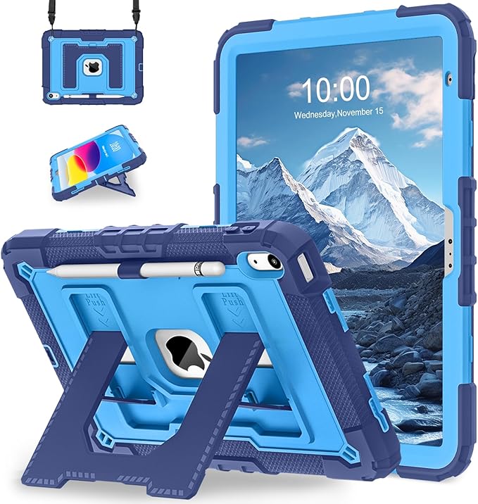 WESOROL Case for iPad A16 11th Generation 11 Inch (2025) iPad 10th Generation 10.9 Inch (2022)i Pad A16 Case Military Grade Shockproof Cases with Pencil Holder Shoulder StrapNavy Blue