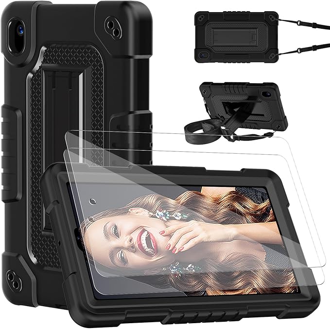Shockproof Case for Walmart Onn 7 inch Tablet Case (2024 Model 100135924) Rugged Kids Friendly Case with Screen Protector Shoulder Strap Kickstand for Onn 7 4th Gen 2024 Model (Black+2Pcs)