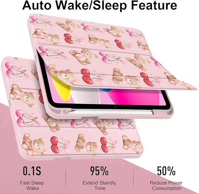 DONGKE Case for iPad (A16) 11th Generation 11 inch 2025 &amp iPad 10th Gen 10.9 inch 2022 [Built-in Pencil Holder] Clear Acrylic Back Trifold Stand Smart Cover Auto Sleep/Wake Bear &amp Cherry