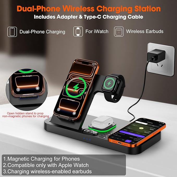 Dual Phone Magnetic Wireless Charging Station for Apple Devices/Apple Ecosystemwith Auto-Switch 7-Color Light &amp Clock Compatible with iPhone 17/16/15 for iWatch 11/10/9 &amp AirPods Pro3（Black