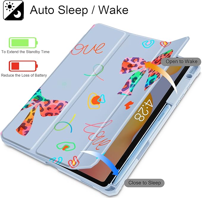Mektron Case for Samsung Galaxy Tab S6 Lite 10.4 Inch 2024/2022/2020 with S Pen Holder Multi-Angle Viewing with Shockproof Cover Clear Shell + Trifold Stand + Auto Wake/Sleep Neon Bows-Blue