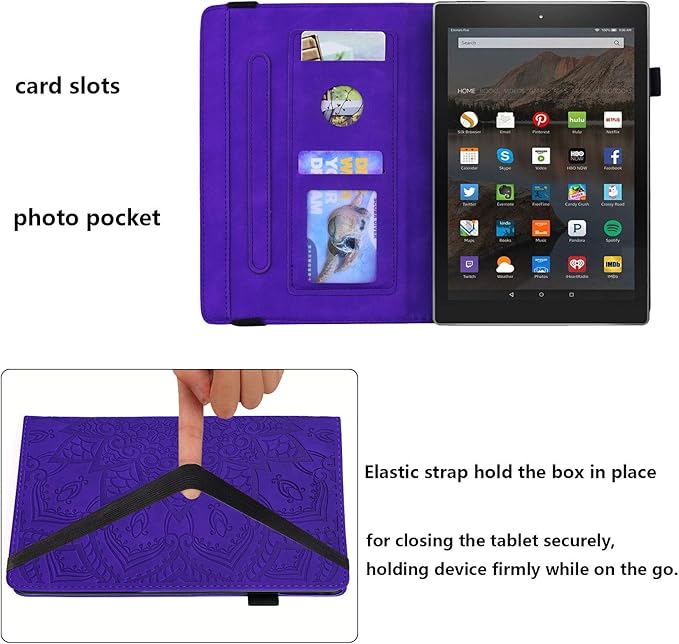 Fire HD 10 Case 9th/7th Generation (2019/2017) 10.1 with Pencil Holder Elastic Band Pocket Multi-Angle Stand Magnetic Folio Wallet PU Leather TPU Shockproof Cover Purple Paisley Flower