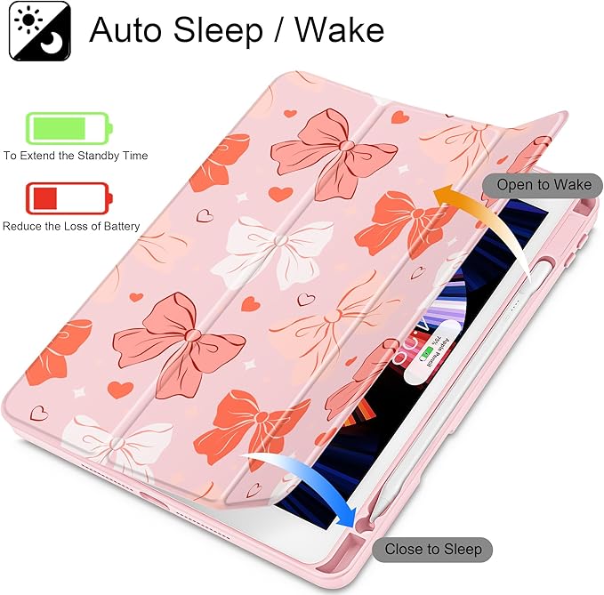 for iPad 9th Generation with Pencil Holder iPad 8th/7th Gen Case 10.2-inch [Built in Pencil Holder] Trifold Stand Auto Wake/Sleep Clear TPU Protection Back Cover Bows SD146