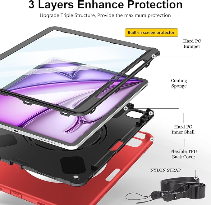 Case for iPad Air 13 Inch M4/M3/M2 (2026/2025/2024): TPU Shockproof Case with Screen Protector - Stand - Handle - Shoulder Strap - Pen Holder-Red