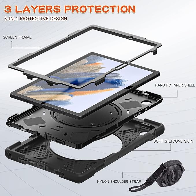 Case for Galaxy Tab A8 10.5 2022 (SM-X200/ X205/ X207) Heavy Duty Protective Case with 360 Degree Swivel Stand&ampHand Strap&ampShoulder Strap (Black)