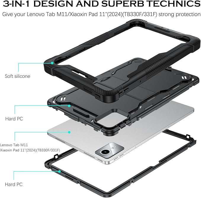 YINLAI for Lenovo Tab M11 Case 11-inch 2024 (TB-330FU) with Kickstand 3 in 1 Hybrid Men Women Kids Heavy Duty Shockproof Protective Tablet Hard Back Cover for Lenovo Tab M11 Black