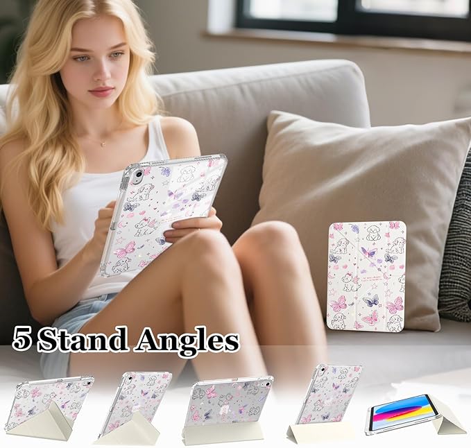 Cute Kawaii Puppy Butterfly for iPad Pro 11 Inch Case (M5/M4) 2025/2024 with Pencil Holder Auto Sleep/Wake White Leather Acrylic Back Detachable Cover