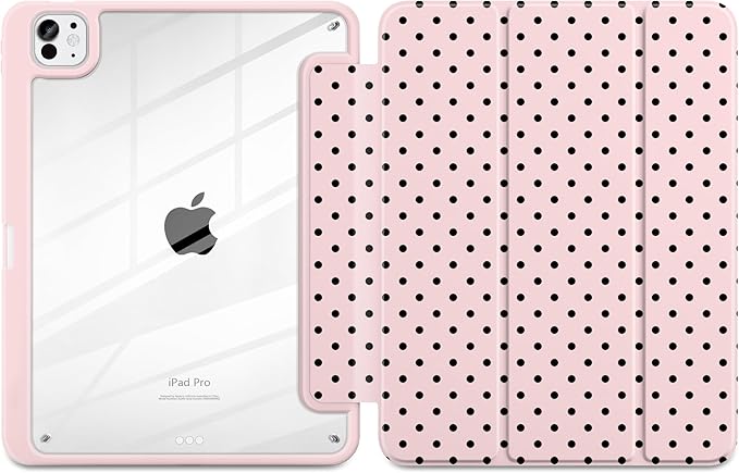 Case for iPad Pro 11 Inch (M5 2025 M4 2024) – [Built-in Pencil Holder] Shockproof &amp Stylish Clear Hard Back + Soft TPU Edge Magnetic Trifold Stand Auto Wake/Sleep Pink Polka dot