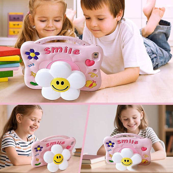 Case for iPad Air 11-inch M4 (2026) / M3 (2025) / M2 (2024) iPad Air 5th/4th 10.9 inch(2022/2020) Full-Body Shockproof Kids Case for Pencil Holder &amp Adjustable Shoulder Strap Smiley Flower