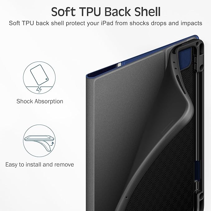 KingBlanc Case for iPad Pro 12.9 6th/5th/4th/3rd Generation 2022/2021/2020/2018 with Pencil Holder Vegan Leather Bicolor Cover Auto Sleep/Wake Support Pencil2 Charging Navy Blue × Royal Blue