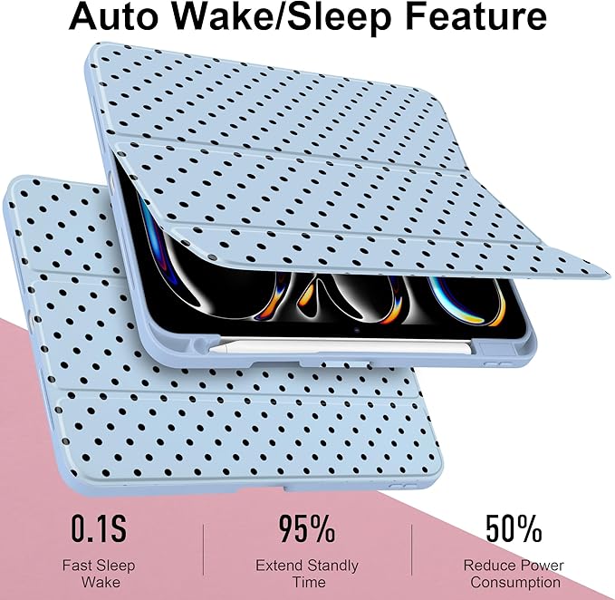 Case for iPad Pro 11 Inch (M5 2025 M4 2024) – [Built-in Pencil Holder] Shockproof &amp Stylish Clear Hard Back + Soft TPU Edge Magnetic Trifold Stand Auto Wake/Sleep Blue Polka dot