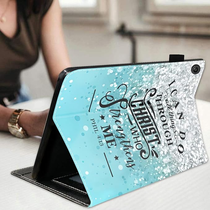 Case for Amazon Kindle Fire HD 10 Tablet 10.1 (9th/7th Generation 2019/2017 Release) Premium PU Leather Stand Cover with Smart Auto Wake Blue Background Quote Bible Verse Phil 4:13