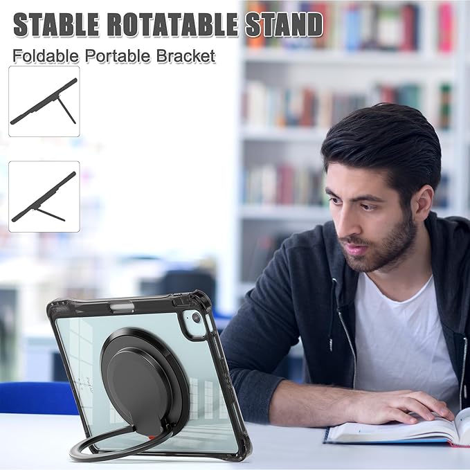 Shockproof Case for iPad Air 11'' (M4 2026/M3 2025/M2 2024)/ iPad Air 10.9'' Air 5th /4th Gen PC Clear Tablet Cases with Rotating Stand for Kids Black