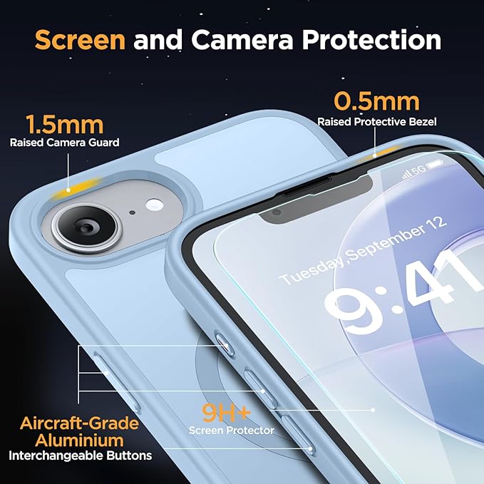 Miracase for iPhone 16e case &amp iPhone 17e Case for MagSafe [with 2×9H+ Screen Protectors] TOP Military-Grade Protection Shockproof with Velvet Touch for iPhone 16e/17e Phone Case 6.1 Light Blue