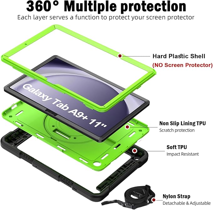BMOUO for Samsung Galaxy Tab A9+ Plus Case 11 2023 (SM-X210/X216/X218) Shockproof Galaxy Tab A9 Plus Case with Rotating Stand and Hand/Shoulder Strap Green and Black