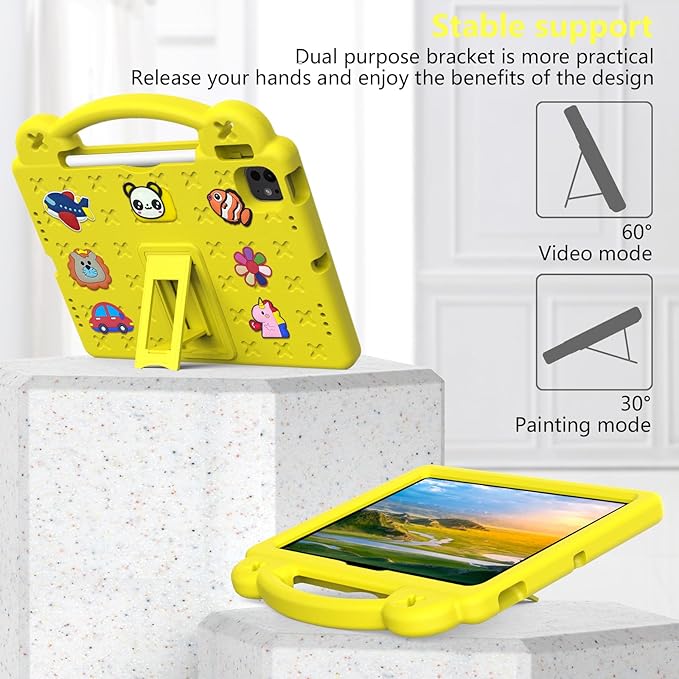 Dteck for iPad Air 6th Gen 11 Inch iPad Pro 11 Inch 5th Gen Case: Cartoon Panda Shockproof Rugged Lightweight Convertible Stand Kids Friendly Tablet Case with Handles Yellow