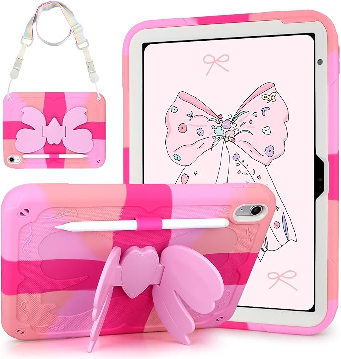 VOFUOE for iPad A16 Case 11th Generation 2025 11 Inch for iPad 10th Generation Case 2022 10.9 Inch for Kids Girls with Sweet Bow Stand Shoulder Strap Pencil Holder Hard Protective Cover-Hot Pink