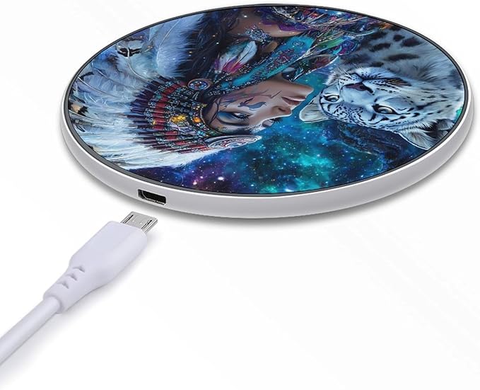 Native USA Lady Snowy Leopard Wireless Charger Anti-Slip Wireless Charging Pad Slim Charger Mat for Men Women