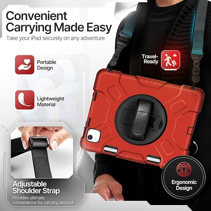 TNP Protective Case for iPad Air 5th 4th Gen 10.9 inch and iPad Pro 11 Inch 4th 3rd 2nd Generation (2022 2021 2020 2018) with Pencil Holder Handle Adjustable Stand &amp Shoulder Strap Red