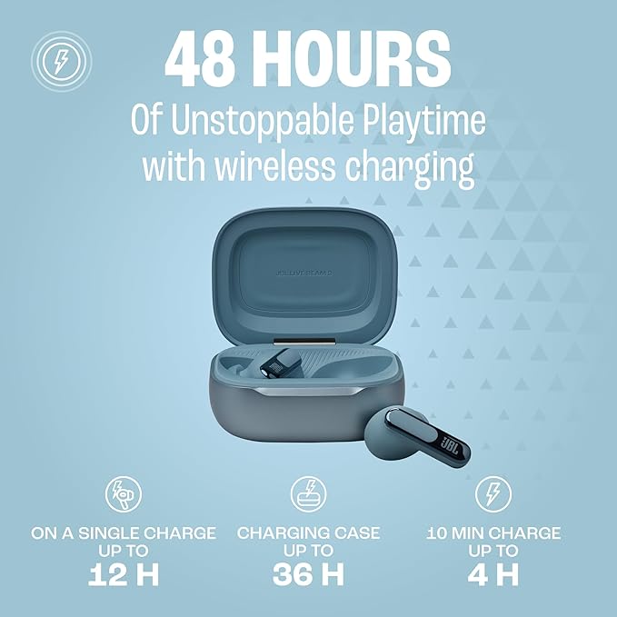 JBL Live Beam 3 - True Wireless Noise-Cancelling Stick-Closed Earbuds 48Hrs Total Playback Wireless Charging 6 Mics for Perfect Calls Multi-Point Connection IP55 Waterproof and dustproof (Blue)