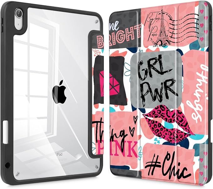 Case for iPad (A16) 11th Gen 11 Inch 2025 iPad 10th Gen 10.9 inch 2022 with Pencil Holder Slim Printed Stand Protective Cover with Hard PC Translucent Back Shell Cover Girly Graffiti
