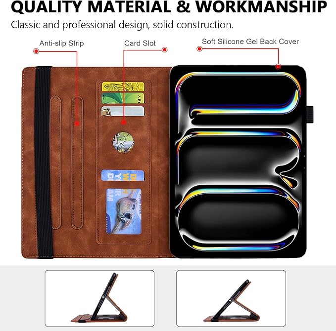 Folio Case for iPad Pro 11 M4 M5 (2024-2025) Techcircle Anti-Slip Stand Mandala Embossed PU Leather Soft TPU Back Protective Cover with Elastic Strap Card Slots &amp Pencil Holder Brown