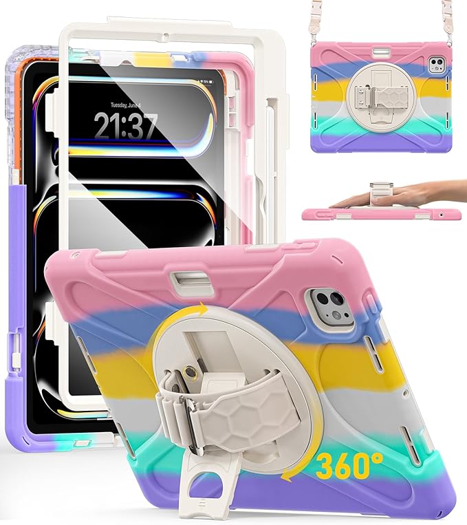 BRAECN Case for iPad Pro 11 inch M5 2025 &amp M4 2024 4 Layers Heavy Duty Full-Body Protection Screen Protector Pencil Holder 360° Rotating Handle Kickstand Shoulder Strap Kids Friendly