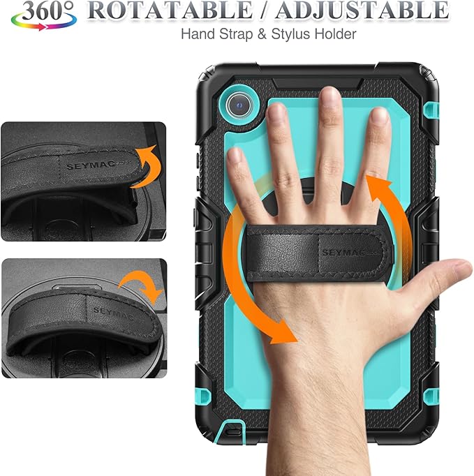 SEYMAC stock Tablet Case for Lenovo Tab One (TB305FU) 8.7 inch Drop-Proof Protection Cover with 360° Rotate Stand &amp Strap [Pen Holder] &amp Screen Protector/K9 2025 SkyBlue+Black