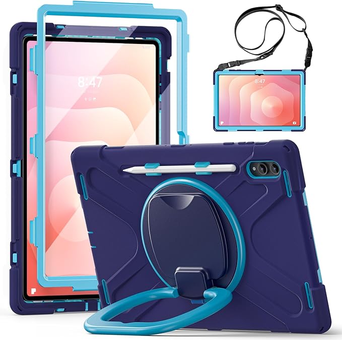 for Galaxy Tab S11 Ultra Rotating Case 14.6inch Heavy Duty Hybrid Rugged Case with S Pen Holder Shockproof Kids Cover with 360 Rotation Stand/Shoulder Strap (Navy Blue)