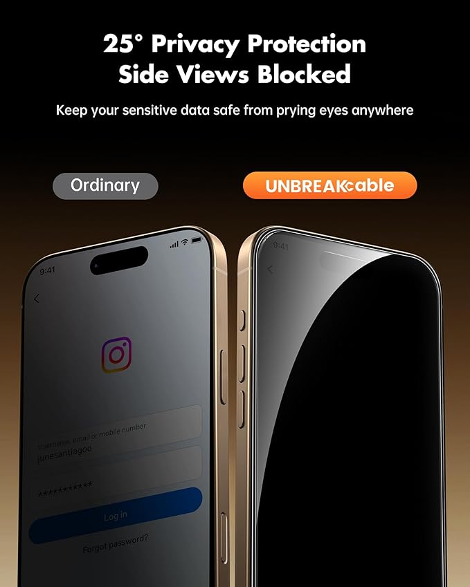 UNBREAKcable Privacy Screen Protector for iPhone 16 Pro (6.3) 25° Anti-Spy Tempered Glass Easy Install Alignment Frame Case-Friendly 9H Hardness Anti-Fingerprint 3-Pack