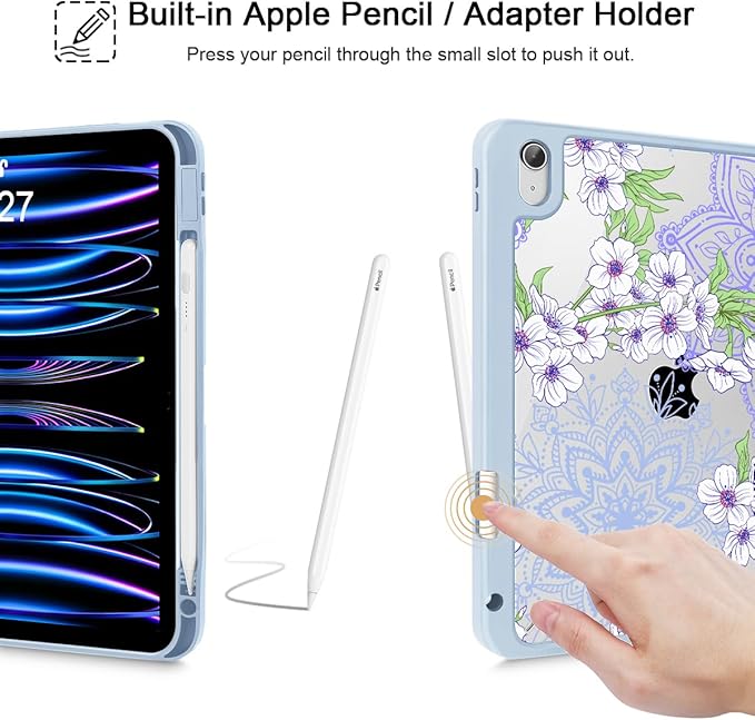 Mektron Case for 2026 iPad Air 13 inch M4 Cover Compatible 2025 iPad Air 13 inch M3 2024 iPad Air 13 inch M2 with Pencil Holder Shockproof Clear Shell Blossom Sakura-Blue