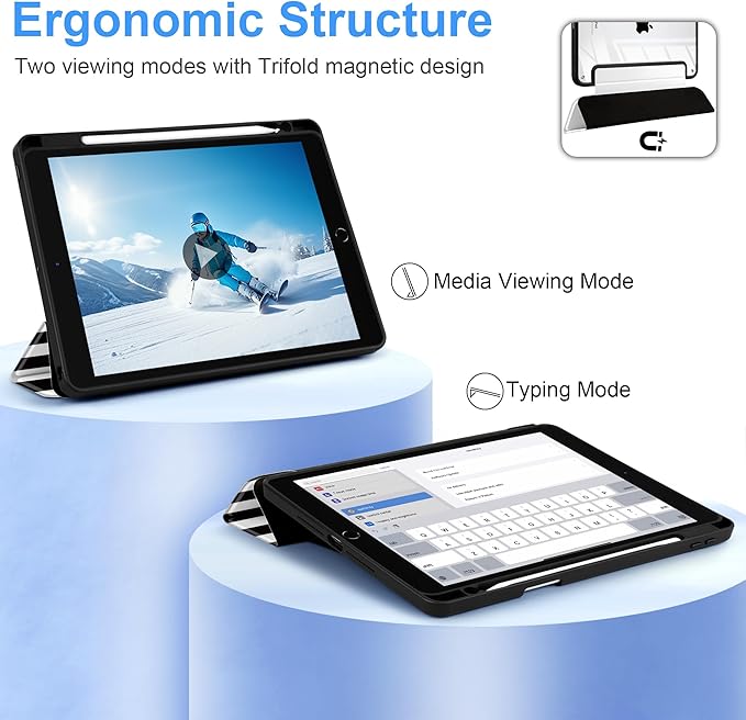 DONGKE for iPad 9th/8th/7th Generation Case 10.2 Inch (2021/2020/2019) [Auto Sleep/Wake &amp Pencil Holder] Clear Acrylic Back Trifold Stand Cover Black Stripes