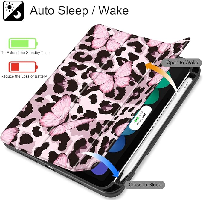 Mektron Printed Case for iPad mini 7 (A17 Pro) 2024/ Mini 6 2021 iPad mini 7th/6th Generation 8.3-inch Liquid Retina Display Cover Buit in Pencil Holder with Clear Back Shell Leopard Pink Butterfly