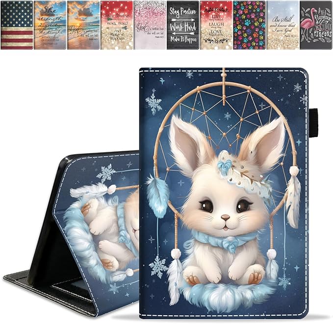 Case for Amazon Kindle Fire 7 Tablet (7 9th/7th Generation 2019/2017 Release) Slim PU Leather Cover with Card Slot &amp Auto Wake/Sleep Dreamcatcher Rabbit