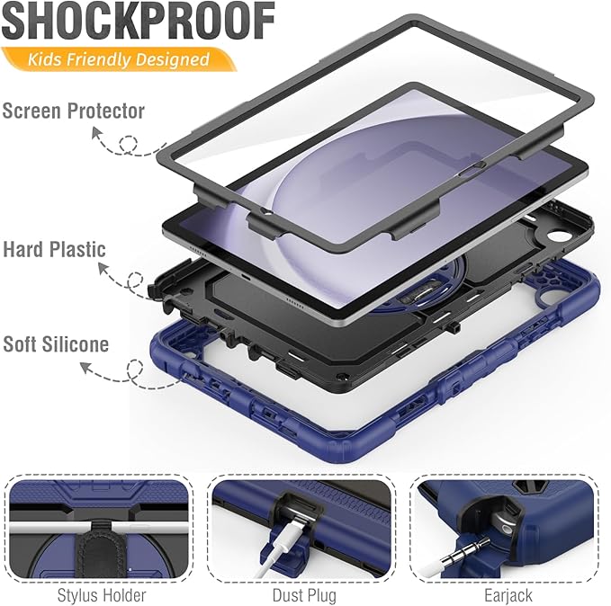 HXCASEAC Case for Samsung Galaxy Tab A9+ Plus 11 Inch Kids Protective with Screen Protector/Hand Strap/Pen Holder Sturdy Shockproof for Samsung A9 Plus Tablet Case SM-X210 SM-X216 SM-X218 - Navy