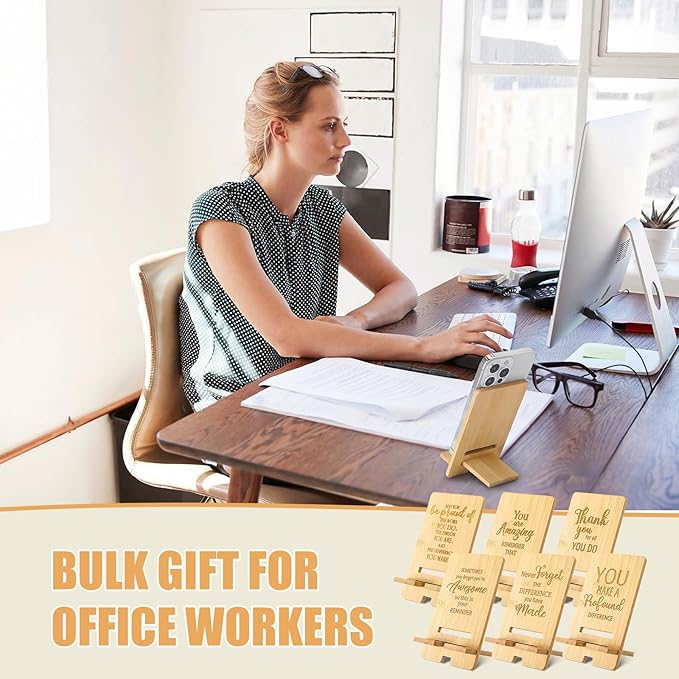Ripeng 12 Pcs Employee Appreciation Gifts Bulk Bamboo Phone Stand for Desk Office Worker Thank You Gift for Administrative Assistant Team Coworkers Staff Nurse Teacher Week (Assorted Inspirational)
