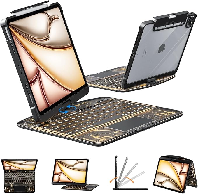Transparent Case with Wireless Keyboard for iPad Air 13 Inch (M3/M2 2025/2024) 7 Colors Backlight Multi-Touch Trackpad 360° Rotating Stand with Pencil Holder for iPad Pro 12.9 Inch (6/5/4/3 Gen)