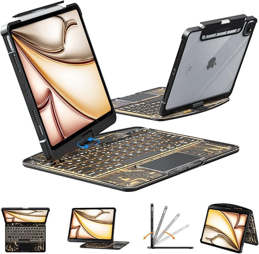 Transparent Case with Wireless Keyboard for iPad Air 13 Inch (M3/M2 2025/2024) 7 Colors Backlight Multi-Touch Trackpad 360° Rotating Stand with Pencil Holder for iPad Pro 12.9 Inch (6/5/4/3 Gen)