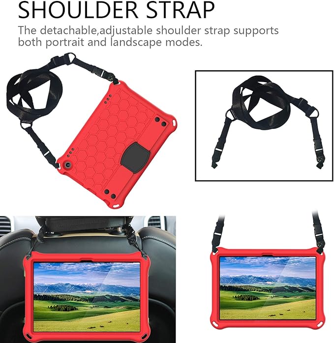 Bumper Case for Fire HD 8/Plus 10th Gen (2020 Only) Techcircle Shockproof Hand Belt Stand Cover Kids EVA Foam Honeycomb Protective Case with Shoulder Strap Handle Light Cover Red
