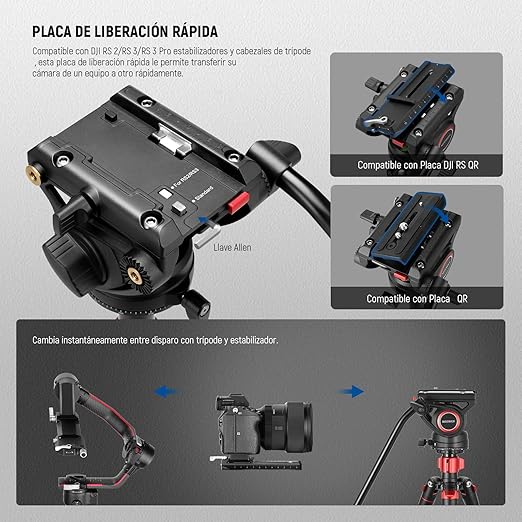 NEEWER 72 Fluid Head Video Tripod Monopod Aluminum Alloy QR Plate Compatible with DJI RS Gimbal 360° Pan &amp +90°/-70° Tilt for DSLR Camera Camcorder Max Load 13.2lb/6kg TP72A