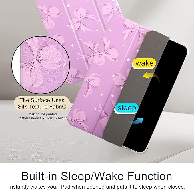 case for ipad 11th Generation11 Inch 2025 (A16 Chip) &amp 10th Gen 10.9 Inch 2022 - Slim Scratch-Resistant Hard PC Translucent Back Shell Smart Cover Wake/Sleep FunctionPink Purple Bow