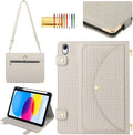 Handbag Case for iPad A16 2025 11th/10th Gen 2022 Cover with Pencil Holder [4 Card Slots+2 Pockets] Techcircle Unique Pattern Textured PU Leather Folio Stand Case with Shoulder Strap Off-White