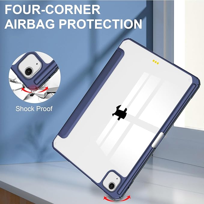 Stand Case for iPad Air 13 inch M2 (2024) with Clear Transparent Back &amp Soft TPU Shockproof Frame Cover [Built-in Pencil Holder] [Auto Sleep/Wake] Smart Lightweight Trifold Shell Dark Blue