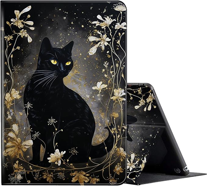 FUYOCWE for Fire HD 10 Tablet Case (13th Generation2023 Release10.1) PU Leather Multi-Angle Folding Stand Smart Flip Cover for Amazon Kindle Fire HD 10 13th Gen-Black Cat with Gold Floral