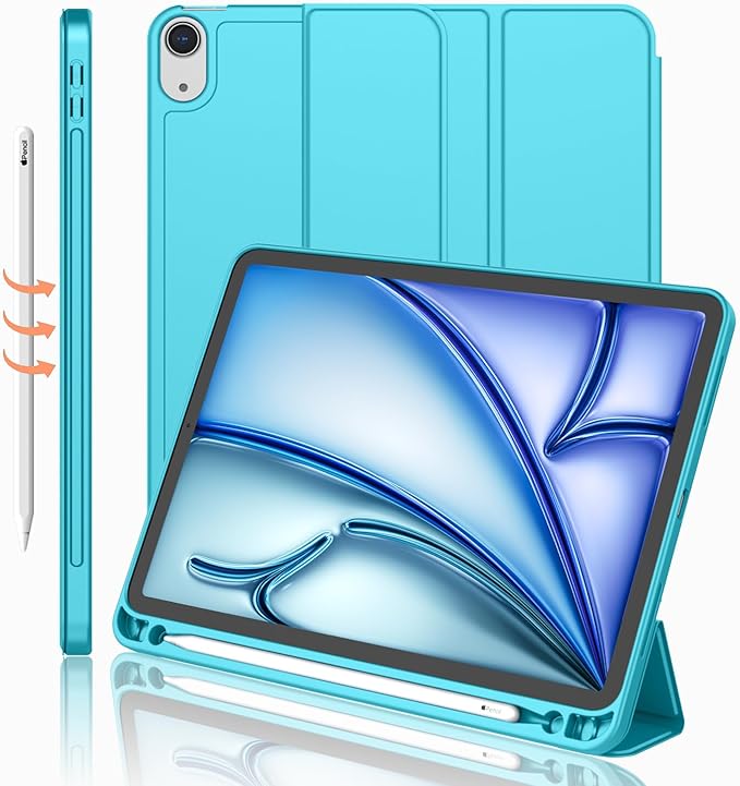 iMieet iPad Air 11 Inch Case M4/M3/M2(2026/2025/2024) iPad Air 5th/4th Generation Case 2022/2020 10.9 Inch with Pencil HolderTrifold Stand Smart Case with Soft TPU Back(New Cyan)