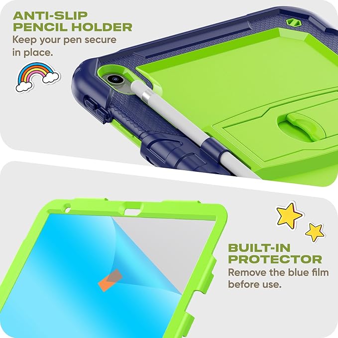 HXCASEAC Kids Case for iPad A16 11th/10th Generation Full Body Protective Design | Foldable Stand | Screen Protector | Pencil Holder Durable for iPad 11th Gen 11 inch / 10th Gen 10.9 inch Green