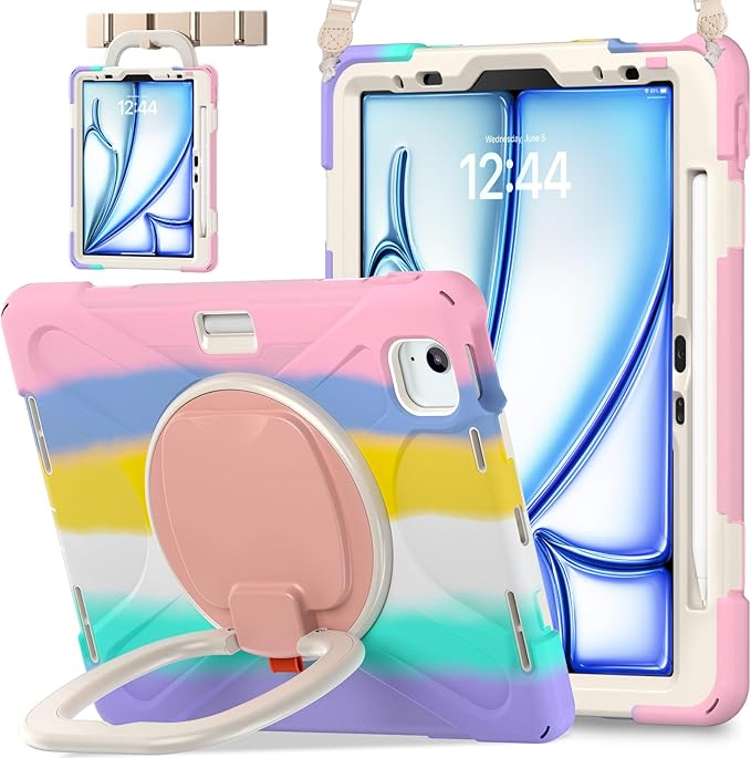 BATYUE Case for iPad Air 11-inch M4 (2026)/ M3 (2025)/ M2 (2024) iPad Air 5th/4th 10.9 inch(2022/2020) iPad Pro 11 4th/3rd/2nd/1st Kids Cover with 360° Rotating Stand Pencil Holder Strap Pink
