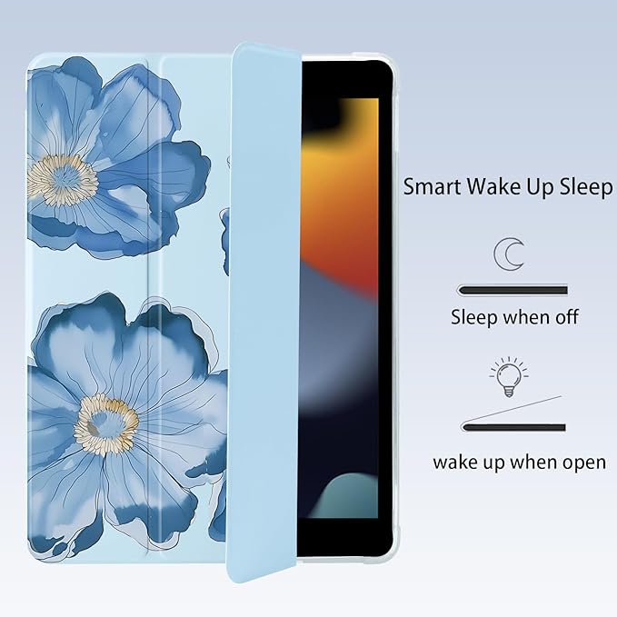 Cute Floral Flower for iPad mini 7 A17 Pro 2024/iPad Mini 6 Case with Pencil Holder Auto Sleep/Wake Blue Leather Soft TPU Back Cover